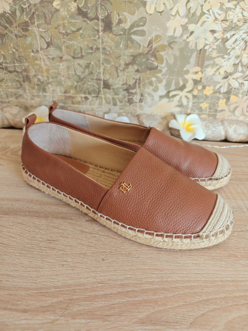 Lauren Ralph Lauren Cameryn Tumbled Leather Espadrilles Cognac Size 7 - Picture 2 of 9